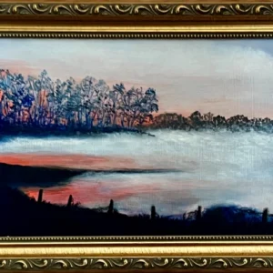Misty forest landscape in golden frame