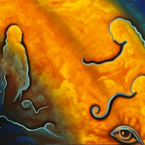 Surreal art with fiery background